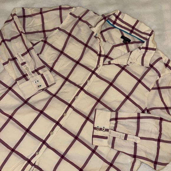 Talbots XLP Collared Button Down Long Sleeve Womens Shirt Cream Purple Plaid - Picture 1 of 11